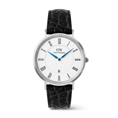 Daniel Wellington DW Watch Classic Roman Numerals Date Black Croc Belly Silver 40mm