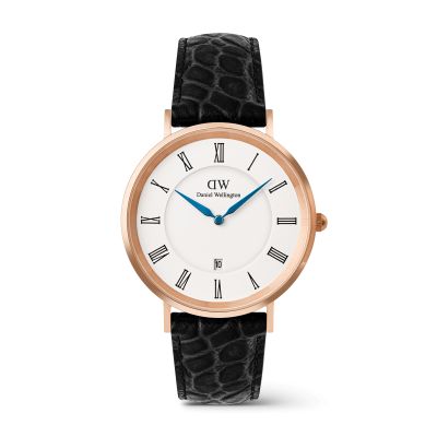 Daniel Wellington DW Watch Classic Roman Numerals Date Black Croc Belly Rose Gold 40mm