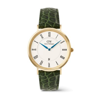 Daniel Wellington DW Watch Classic Roman Numerals Date Dark Green Croc Belly Gold 40mm