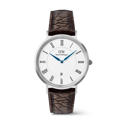 Daniel Wellington DW Watch Classic Roman Numerals Date Dark Brown Croc Belly Silver 40mm
